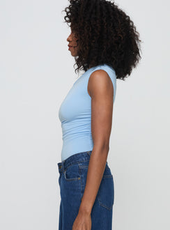 side view of model wearing Princess Polly Beller Bodysuit Blue Sleeveless Asymmetric Neckline 
