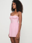 side view of model wearing Princess Polly Mckilah Mini Dress Pink Sweetheart Neckline 