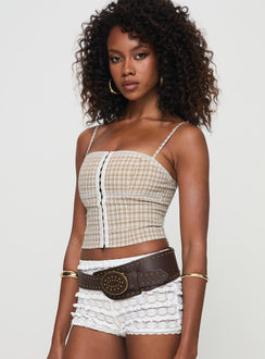 side view of model wearing Princess Polly Amaryllis Top Beige Sleeveless Square Neck 