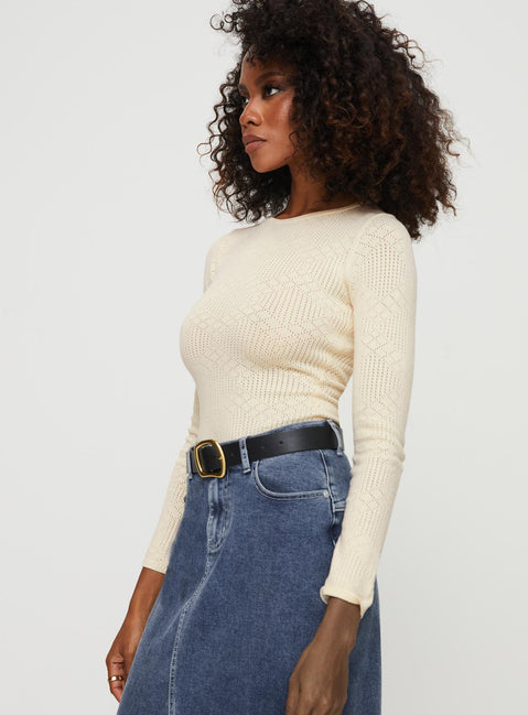 side view of model wearing Princess Polly Carouso Long Sleeve Bodysuit Cream Full Sleeves Crew Neck 