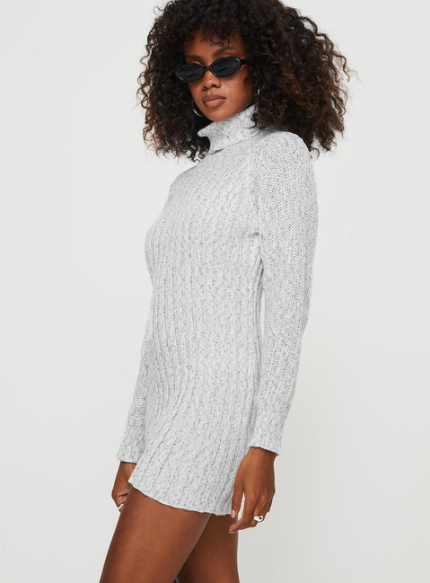 side view of model wearing Princess Polly Barrish Sweater Mini Dress Grey High Neck 