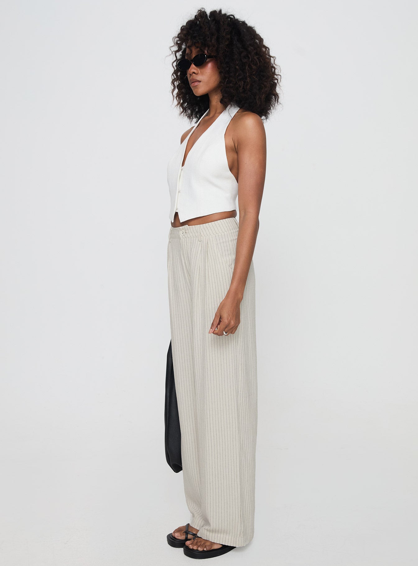 side view of model wearing Princess Polly Hayze Linen Pant Beige Pinstripe High Waisted Pants 