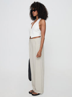 side view of model wearing Princess Polly Hayze Linen Pant Beige Pinstripe High Waisted Pants 