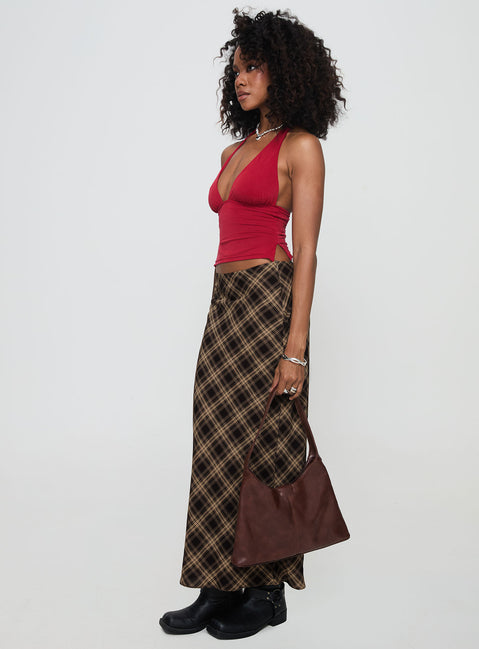 back view of model wearing Princess Polly Hayze Maxi Skirt Brown Check Maxi 