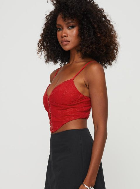 side view of model wearing Princess Polly Palisade Corset Top Red Glitter Sleeveless V-Neck 