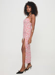 side view of model wearing Princess Polly Kish Maxi Dress Red Floral Square Neck 