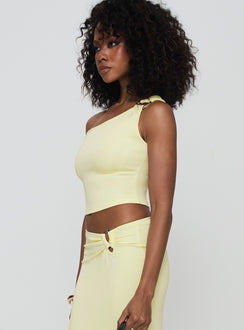 side view of model wearing Princess Polly Rios One Shoulder Top Cream Sleeveless Asymmetric Neckline 