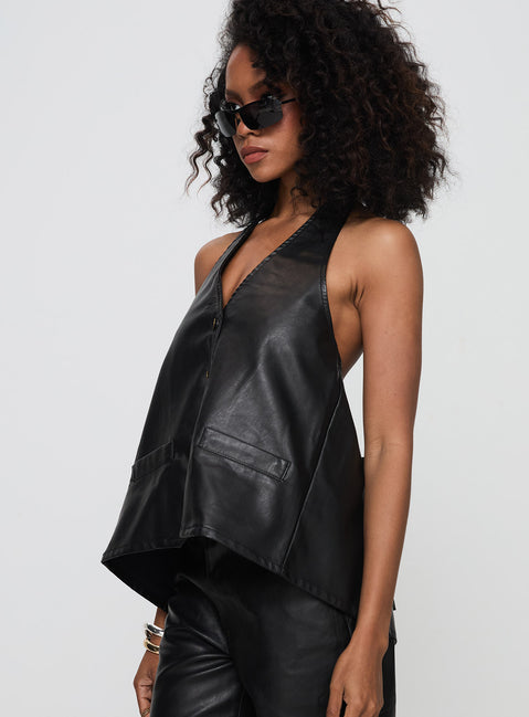 side view of model wearing Princess Polly Hills Halter Onyx Sleeveless V-Neck 