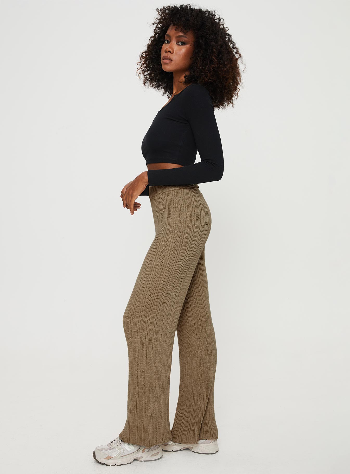 side view of model wearing Princess Polly Lexie Knit Pants Beige Marle High Waisted Pants 