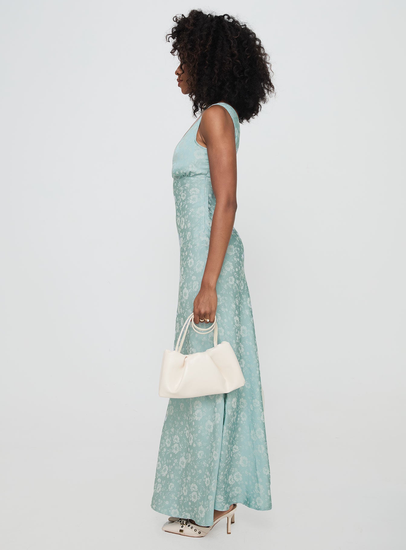 side view of model wearing Princess Polly Nell Jacquard Maxi Dress Blue V-Neck 