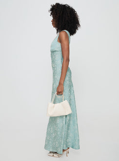 side view of model wearing Princess Polly Nell Jacquard Maxi Dress Blue V-Neck 