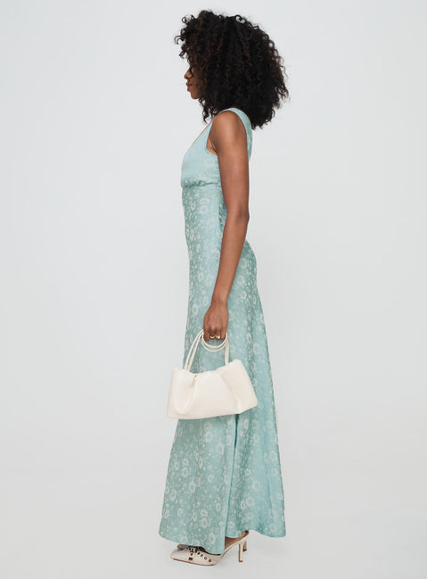 side view of model wearing Princess Polly Nell Jacquard Maxi Dress Blue V-Neck 