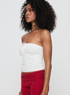 side view of model wearing Princess Polly Seona Strapless Top White Sleeveless straight 