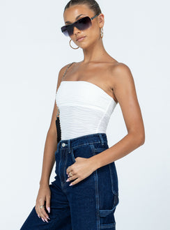 side view of model wearing Princess Polly Makena Strapless Bodysuit White Low Impact Sleeveless 