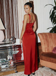 back view of model wearing Princess Polly Strauss Maxi Dress Red Square Neck Square Neck 