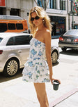 Blue and white strapless floral mini dress Shirred band at bust, tiered hem