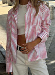 side view of model wearing Princess Polly Belize Shirt Red / White Stripe Full Sleeves V-Neck 