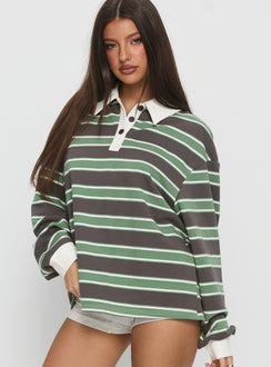 back view of model wearing Princess Polly Tycen Polo Rugby Jumper Green / Grey Stripe Long 
