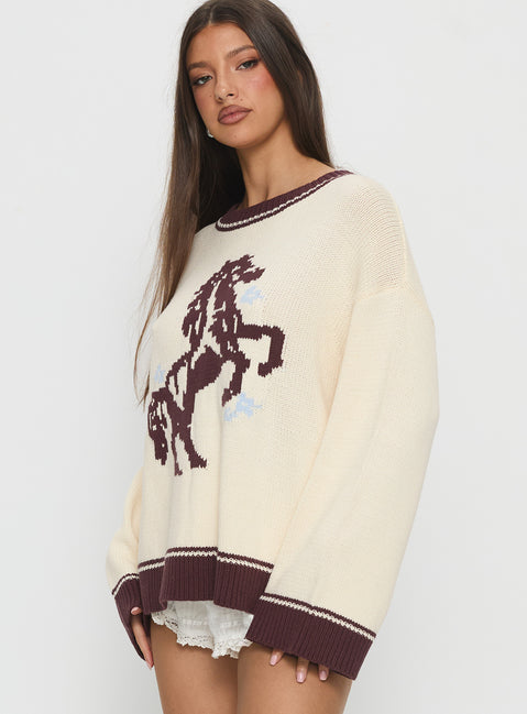 side view of model wearing Princess Polly Rhianonn Horse Graphic Knit Sweater Cream / Brown Cropped 