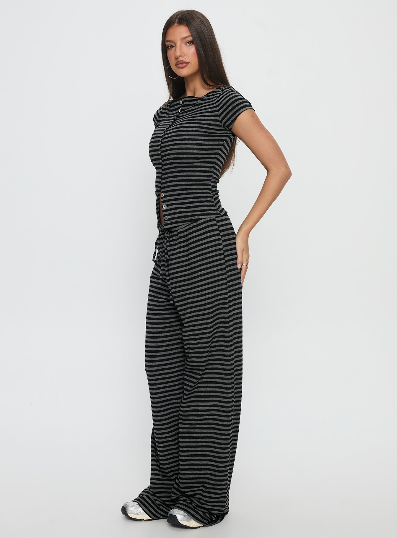 side view of model wearing Princess Polly Gavrielle Jersey Wide Leg Pants Stripe High Rise Pants 