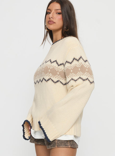 side view of model wearing Princess Polly Madalynn Knit Graphic Jumper Beige Long 