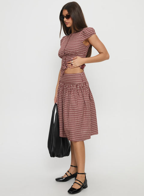   side view of model wearing Princess Polly Alixandra Ruched Midi Skirt Red Check Midi Skirts 