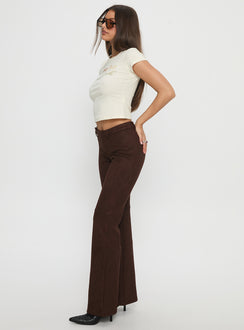 side view of model wearing Princess Polly Final Shot Faux Suede Pants Brown Low Rise Pants 