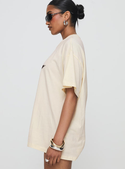 side view of model wearing Princess Polly Faded Star Tee Cream Half Sleeves Crew Neck 