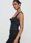 side view of model wearing Princess Polly Delilah Top Navy Sleeveless Cowl 