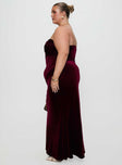 side view of model wearing Princess Polly Irena Strapless Maxi Dress Burgundy Curve Sweetheart Neckline 