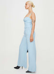 Blue Matching set Sweetheart neckline Hook and eye fastening at back of top zip fastening at back of top pleated pants wide leg