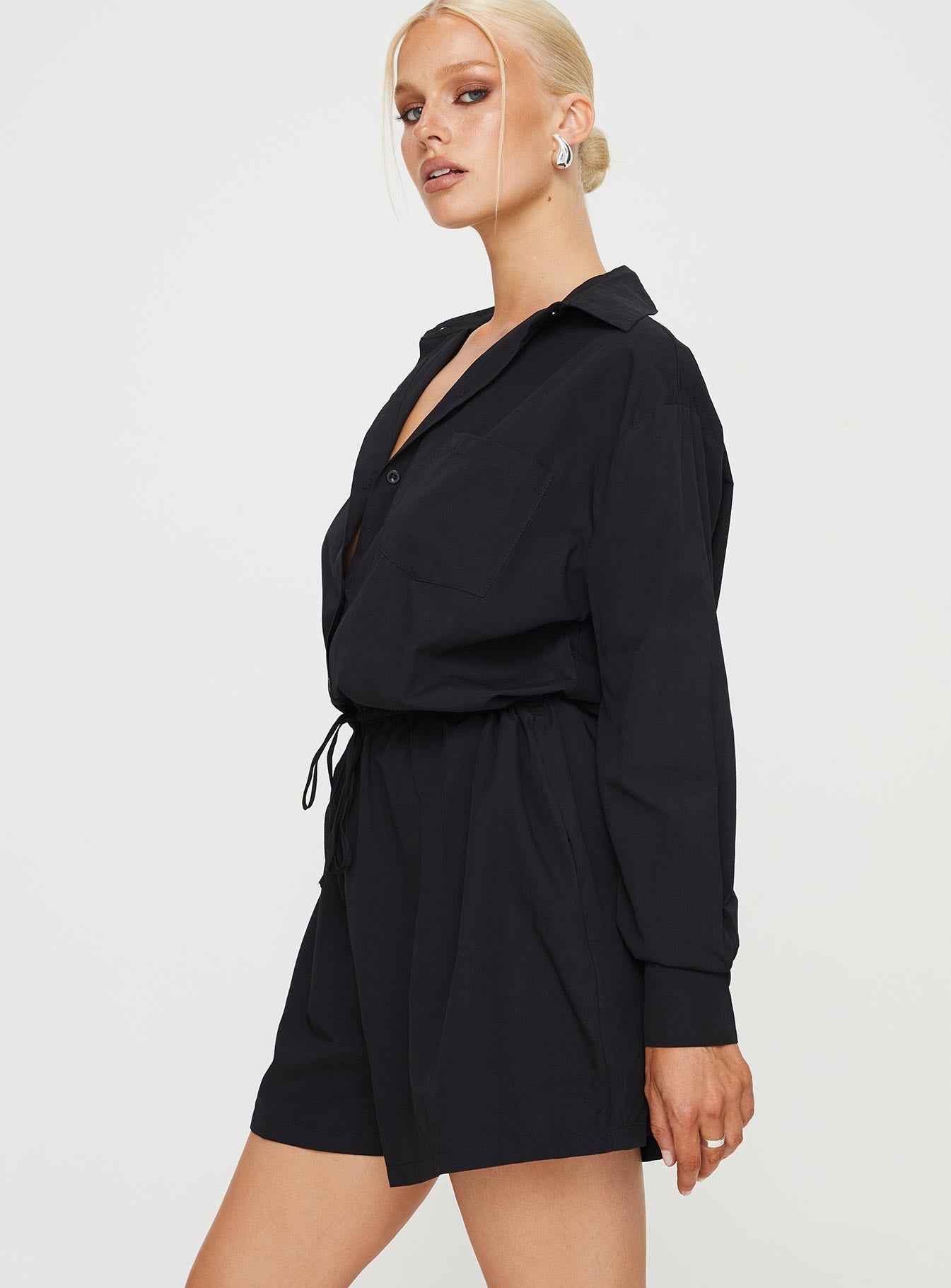 Black Long sleeve romper Classic collar button fastening at front front chest pocket drawstring waist with tie fastening twin hip pockets