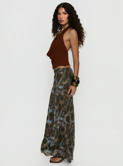   side view of model wearing Princess Polly Caviar Tie Maxi Skirt Leopard 