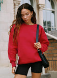 front view of model wearing Princess Polly Dream Fleece Classic Crewneck Sweatshirt Red Long 