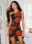 Princess Polly Asymmetric Neckline  Harmonie One Shoulder Mini Dress Brown / Red