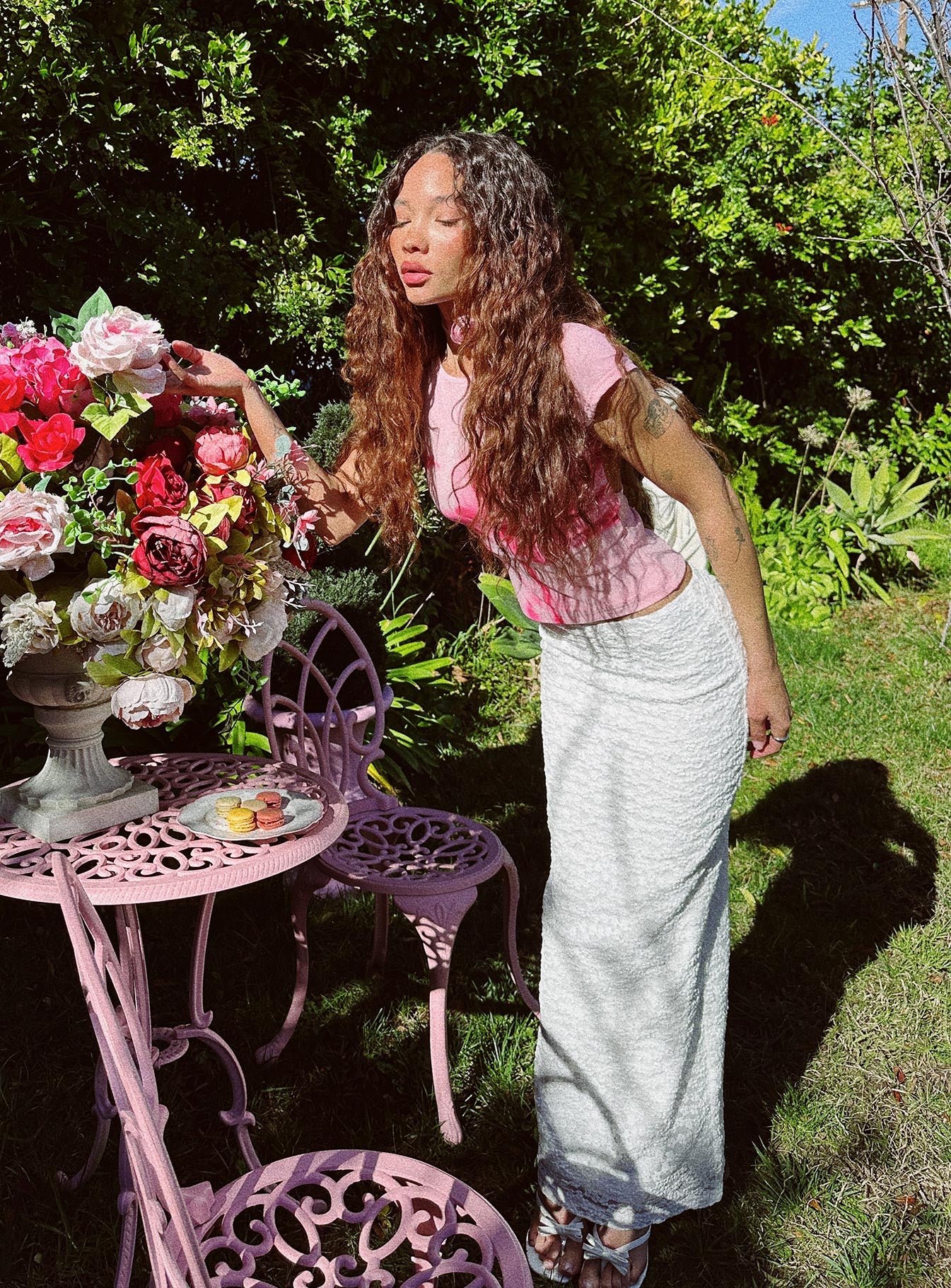   front view of model wearing Princess Polly Venices Maxi Skirt Cream Maxi 