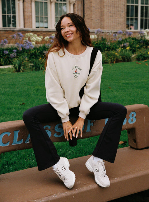 front view of model wearing Princess Polly Dream Fleece Classic Crewneck Sweater Beige 