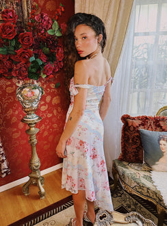 back view of model wearing Princess Polly Smitten Asymmetric Maxi Dress Multi Straight Neck 