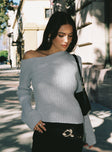 front view of model wearing Princess Polly Phillips Cold Shoulder Sweater Grey Cropped 