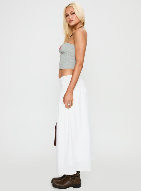   side view of model wearing Princess Polly Small Towns Shirred Midi Skirt White Midi Skirts 