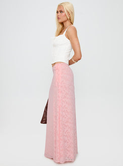   side view of model wearing Princess Polly Youthful Spirit Lace Maxi Skirt Pink Maxi 