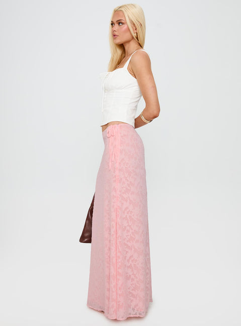   side view of model wearing Princess Polly Youthful Spirit Lace Maxi Skirt Pink Maxi 