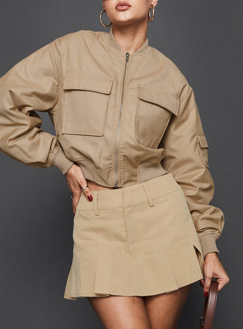 front view of model wearing Princess Polly Calianna Pleated Mini Skort Camel High Waisted Shorts 