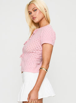 side view of model wearing Princess Polly Mari Knit Top Pink Short Sleeves Crew Neck 