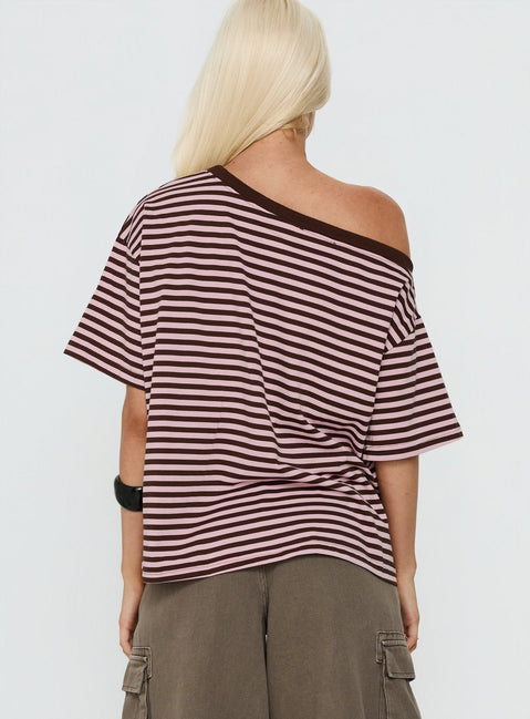 Settle Down One Shoulder Top Pink / Chocolate Stripe