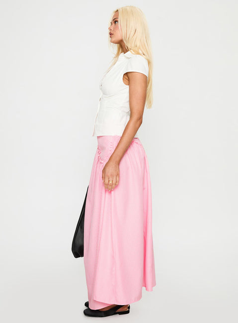   side view of model wearing Princess Polly Apresia Maxi Skirt Pink Gingham Maxi 