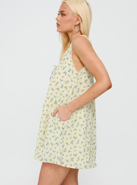 Antiquity Swing Mini Dress Yellow / Blue Floral