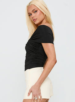 side view of model wearing Princess Polly The Real Thing One Shoulder Bodysuit Black Sleeveless 