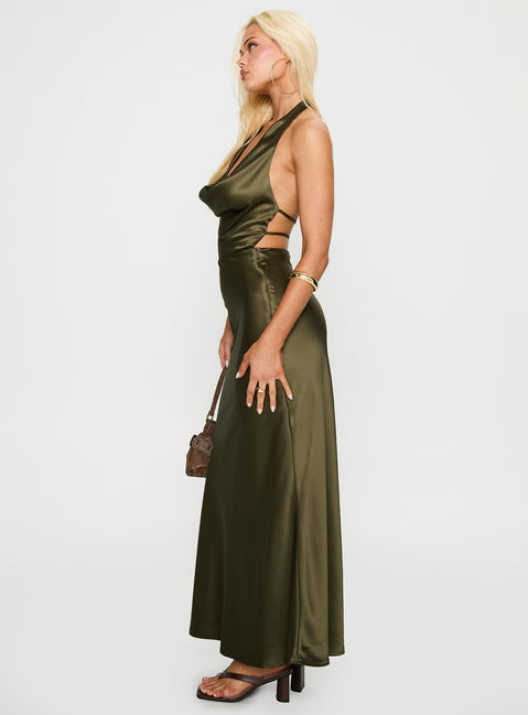 side view of model wearing Princess Polly Iridescent Plunge Maxi Dress Olive Green Plunger 