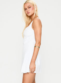 side view of model wearing Princess Polly Songs Of Summer Mini Dress White Square Neck 